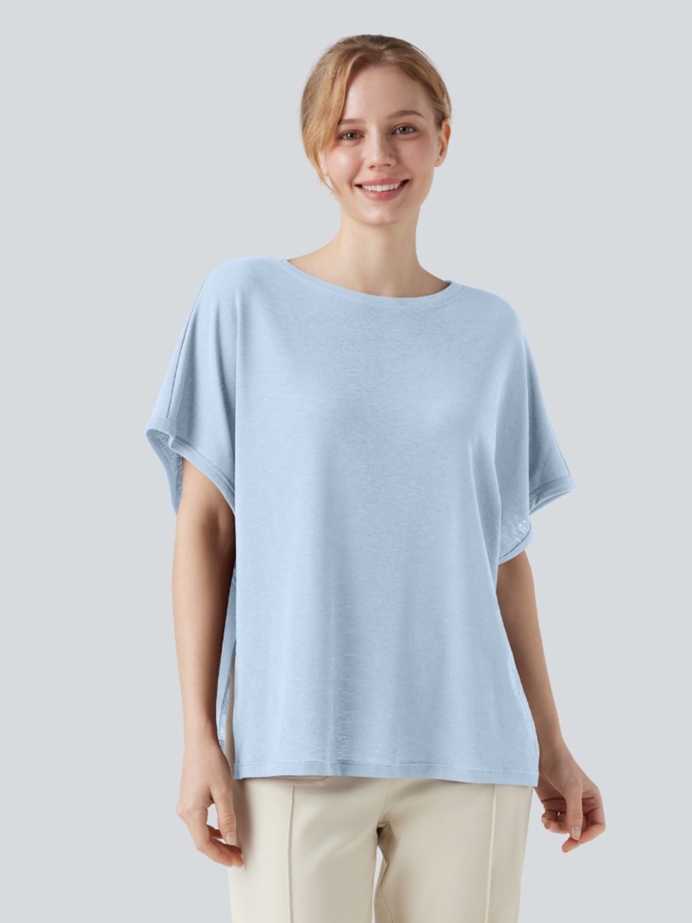 Round Neck Batwing Sleeve Relaxed Casual T-Shirt large, light steel blue